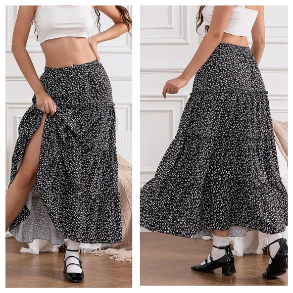 MSK Black White Polkadot Tiered Maxi Skirt XL Flowy Y2K Elastic Waist Whimsigoth - Picture 1 of 12